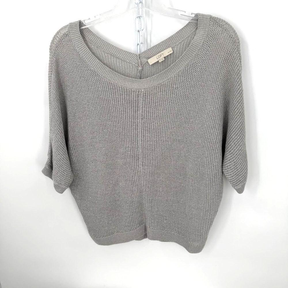 Ann Taylor LOFT Petites LP Sparkle Knit Sweater Top Linen Blend Gray Metallic